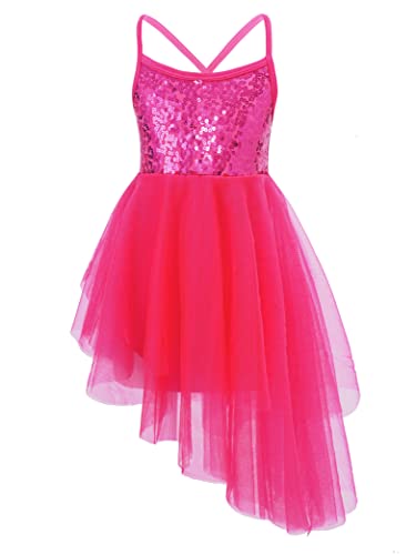 Daenrui Kids Girls Sparkly Sequined Ballet Dance Asymmetric Tutu Dress Leotard Figure Skating Outfit Dancewear Rose 13-14 Years
