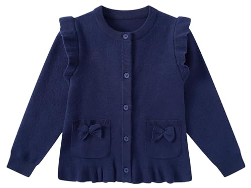 Girls Cardigan Sweater School Uniforms Button Crewneck Cute Ruffle Long Sleeve with Pockets Bowknot Knit Tops