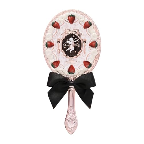 Flower Knows Hand Mirror,Portable Vintage,Durable Metal,Cute & Aesthetic Princess Mirror,with Long Handle for Easy Holding,Gift for Girls (Milk Shake, Strawberry Cupid)