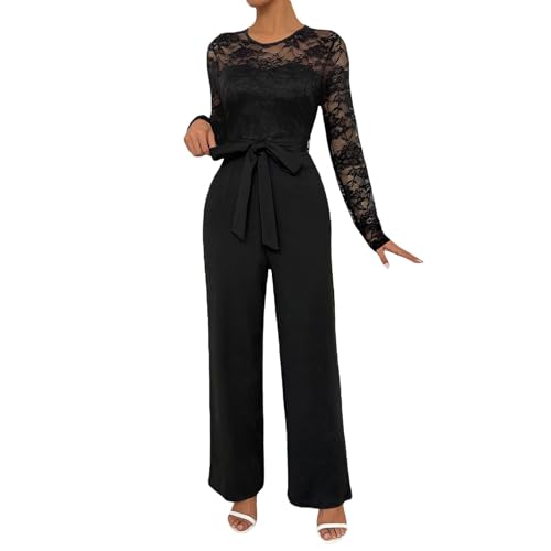 Mono de mujer elegante de cintura alta y pernera ancha con cuerpo de encaje floral