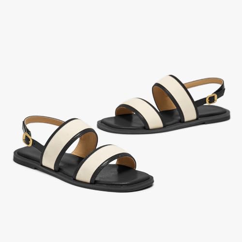 Image of BEAU TODAY Flat Sandals for Women,Women's Leather Sandals with 2 Strap,Peep Toe Summer Strap Sandals for Women,Open Toe Buckle Comfortable Dress Sandals Shoes for Women