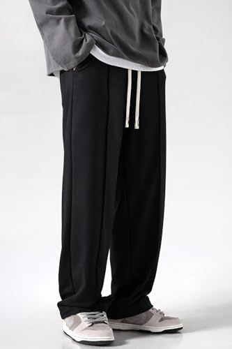 Image of CREVIO Men Wide Leg Loose Fit Trousers with Elastic Waist & Drawstring for Men - Korean Style Relaxed Straight Casual Pants, Comfortable Lounge Travel Streetwear Bottoms