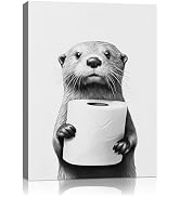 Adorable Otter Bathroom Wall Art Black and White Animal Canvas Art Prints,Cute Otter Clutching A ...