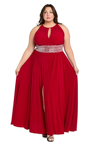 Image of R&M Richards Women's Halter Neck Dress W /Embellished Waistband & Front Slit - Elegant Evening Occasion Maxi Gown