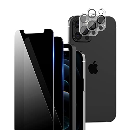 TOCOL 4 Pack Compatible for iPhone 12 Pro (Not for iPhone 12) - 2 Pack Privacy Tempered Glass Screen Protector and 2 Pack Glass Camera Lens Protector Alignment Frame Bubble Free Case Friendly - Black