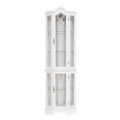 Image of BELLEZE Lighted 3-Side Glass Display Curio Cabinet w / Tempered Glass Doors and Shelves, Curved Wood Corner Cabinet with Bulb, Corner Storage Rack (White)