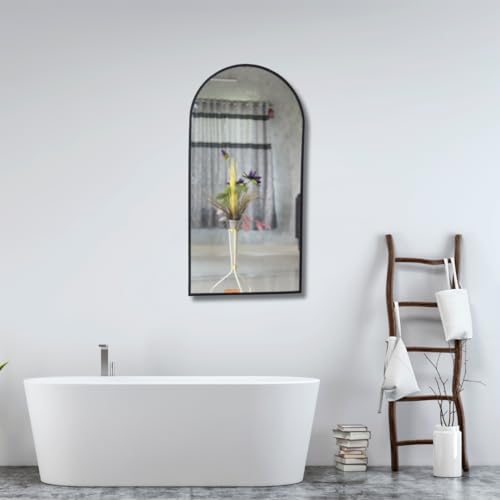 Image of Modern Elegance Semi Circle Wall-Mounted Mirror Metal Framed Wall Mirror Bathroom Mirror Living Room Mirror Home Decor Mirror 24 x 48 Inches Black MF 84