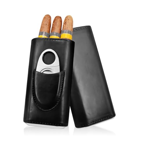 Étui à Cigare en Cuir,Boîte à Cigares avec Coupe-Cigare en Acier Inoxydable,Cave à Cigares Portable pour 3 Cigares,Boîte à cigare avec Doublure en Bois de...