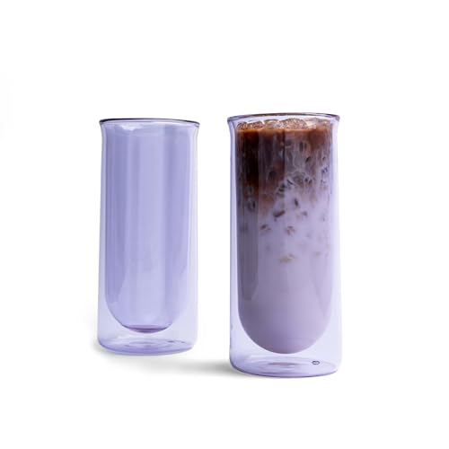 FLUR Iced Coffee Glasses (Set of 2) Perfect for Iced Coffee, Cold Brew & Lattes – Double-Walled Borosilicate Glass – For Hot & Cold Drinks – Lightweight & Easy to Clean – 15.5oz (Purple)