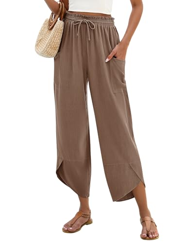 LOMON Womens Wide Leg Palazzo Capri Pants 2025 Summer Casual Loose High Waisted Linen Lounge Flowy Cropped Beach Work Trousers (Coffee,S)