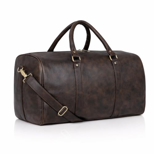 Image of Premium Leather Duffle Bag for Men & Women | Travel & Gym Weekender Bag with Adjustable Shoulder Strap | Stylish Overnight & Cabin Bag - Brown (Brown)