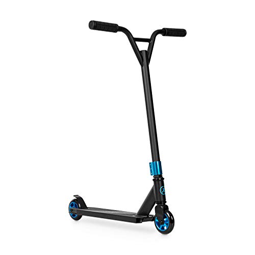 KLAR FIT Stuntz - Trottinette de Ville, Roues PU 100 mm, roulements ABEC 7, Guidon en Y 360 u00b0, Frein à Pied, Poids 100 kg Max, Plateforme antidérapante - Bleue/Noire