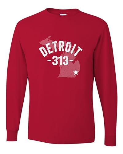 X-Large Red Mens Detroit Michigan 313 Area Code Long Sleeve T-Shirt