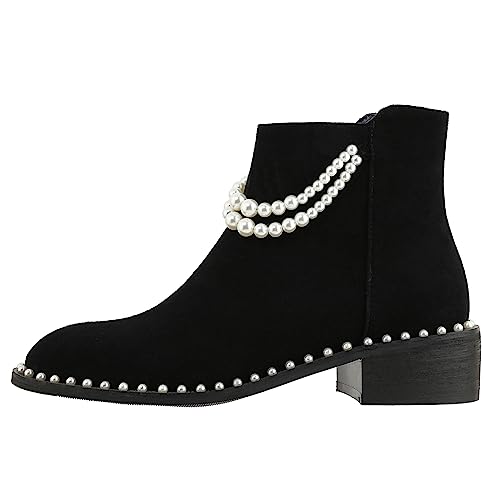Kluolandi Pearl Embellished Ankle Boots for Women Chunky Low Heel Side Zipper Ankle Bootie Black Leather Boots2