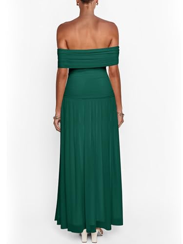 Image of MASCOMODA Women Off The Shoulder Mesh Maxi Dress Bodycon Ruched Formal Sleeveless Pleated Cocktail Wedding Guest Long Dresses