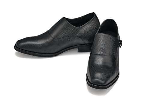 Image of CALTO Men's Invisible Height Increasing Elevator Shoes - Black Leather Slip-on Lightweight Formal Dress Loafers- 2.8 Inches Taller - Y1180 - Size 6.5 D(M) US