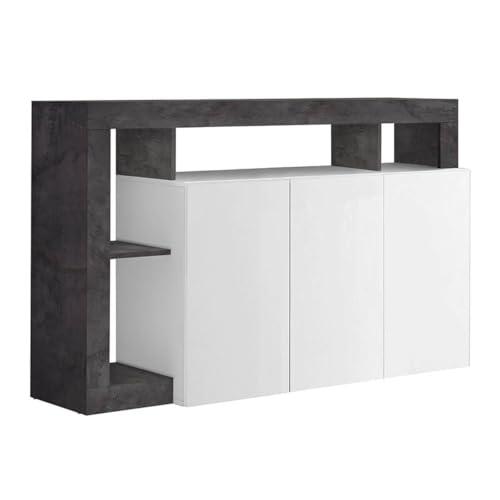 AltoBuy Arturo - Buffet 3 Portes Blanc Laqué Encadrement Niches Aspect Gris Oxyde