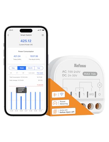 Refoss Relè Interruttore Smart WiFi e Bluetooth con Monitoraggio Energetico, Domotica, Interruttore Smart Luci Compatibile con Home Assistant, Alexa e Google Home