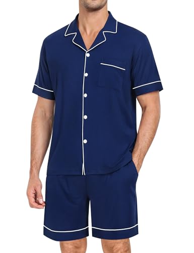 Image of SWOMOG Mens Pajama Set Short Sleeve 2 PCS Sleepwear Button Down Soft Loungewear Modal Set Pj Set with Pockets S-3XL