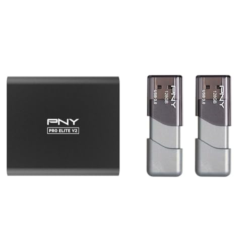 Image of PNY Pro Elite V2 1TB USB 3.2 Gen 2x1 Type-C Portable Solid State Drive (SSD) - (PSD0CS2160-1TB-RB) & 128GB Turbo Attache 3 USB 3.0 Flash Drive, 2-Pack, Silver