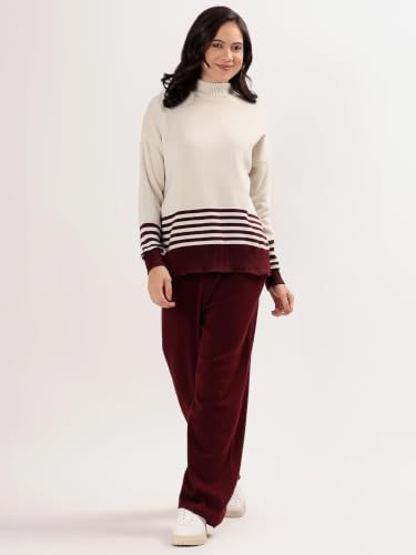 Image of Kvetoo Women Winter Coord Set Wool Blend Tracksuit High Neck Sweater and Wide Leg Pants Warm Knitwear Pyjama Set for Casual Office Travel Wear
