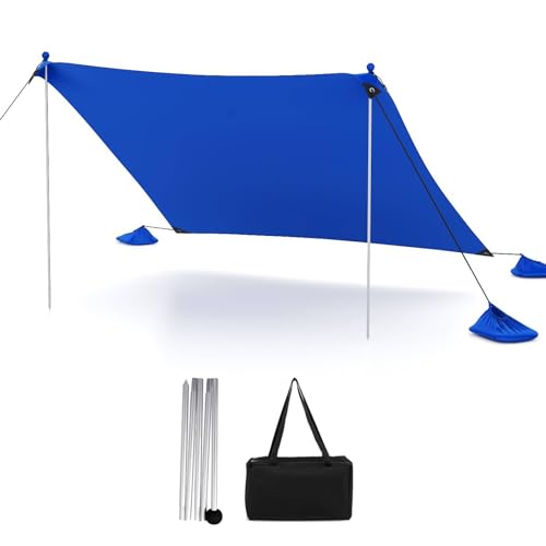 TANGZON Beach Canopy Tent 3 x 3 M Large Outdoor Sunshade with Sandbags Ground Stakes Carrying Bag Portable Sun Shelter for Beach Camping Picnic Fishing Yard (Blue with 2 Aluminum Pole)