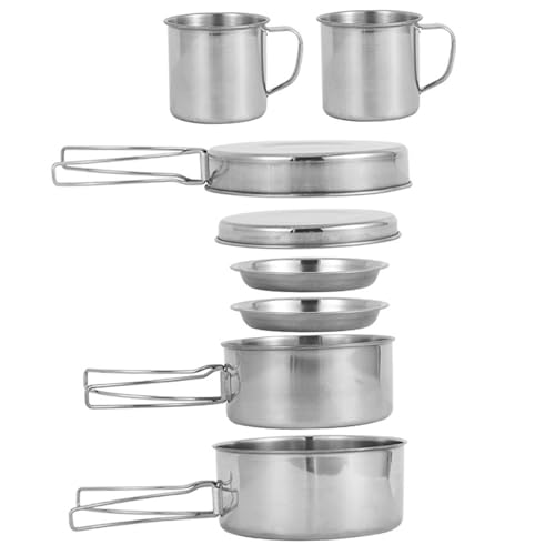 Juego de Cocina de Camping para 3-4 Personas, Juego de ollas y sartenes de Acero Inoxidable, apilable y Ligero, Ideal para mochileros, acampadas, Senderismo, picnics, etc.