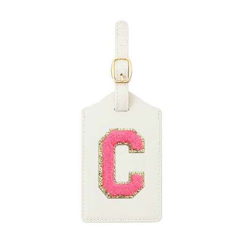 Embroidered Luggage Tag – Initial Bag Tag for Suitcase, Backpack, Carry-On, Duffel – Faux Leather Travel Accessory, Name Identifier, ID Label for Travel Bags (C, White Leather+Rose Red Letter)