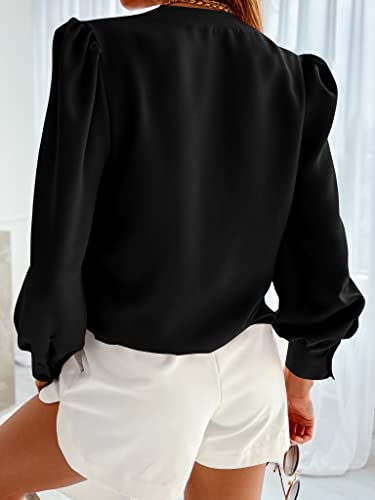 Women's Business Casual Tops Summer Long Sleeve Button Down Shirts V Neck Chiffon Blouses A-Black