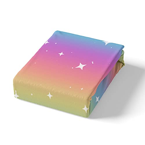 Rainbow Bed Sheets Queen Size, Kids Stars Cartoon Multicolor Pastel, Chic Striped Girls Women Quality Brushed Microfiber Luxury Bedding Set With Flat, Fitted Sheet, 2 Pillow Cases, Queen #TOP3