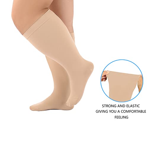 Image of Plus Size Compression Socks Wide Calf Compression Socks for Women Men Circulation Support 04XL Medical Pro Nursing Compression Sock graduated compression Knee High Extra Large Socks Beige