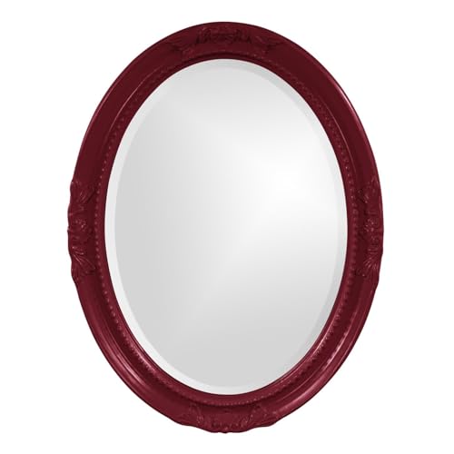 Image of Howard Elliott Collection Queen Ann Oval Glossy Burgundy Wall Mirror, Oval Bevelled Hanging Wood Framed Vanity Mirrors for Home Decor, Living Room, Bathroom, Bedroom, or Hallway, 25 x 33 Inch