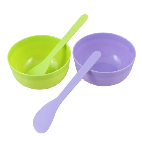 uxcell Women DIY Facial Beauty Care Green Purple Plastic Mask Bowl Mixing Stick 2 Sets