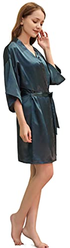 Df-Deals Women's Satin Kimono Robe For Bridesmaid And Bride Wedding Party Getting Ready Short Robe With Gold Glitter Dark Green X-Large 8-10 #TOP5