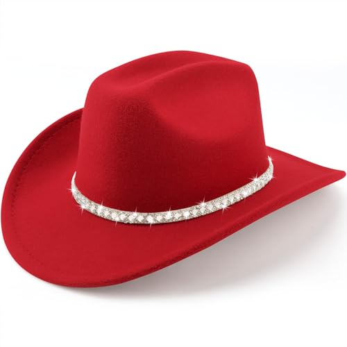 DRESHOW Western Cowboy Hat for Women and Men Wide Brim Glitter Cowboy Cowgirl Hat with Rhinestone Felt Fedora Hats Unisex Rolled up Caps