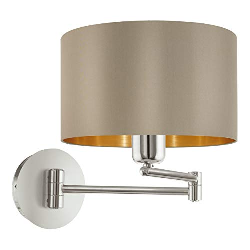 EGLO Applique murale intérieure Maserlo, luminaire d’intérieur avec bras articule, spot en acier et textile, nickel-mat, taupe, doré, douille E27, avec interrupteur