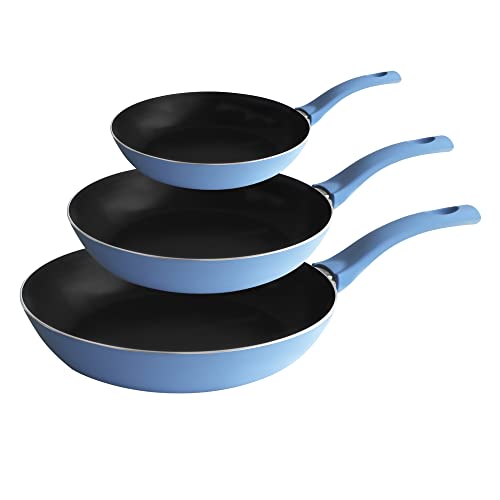 PINTINOX Prima Collection Set 3 Padelle in Alluminio Portofino, antiaderente a 5 strati, manico anti-scottatura, diametro 20, 24 e 28 CM, colore: Blu Mare. Adatte a tutti i fuochi tranne l'induzione