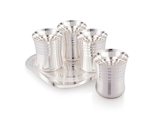 Image of Silverglow Damroo Tray Glass Set | Silver Plated Glass Set 4 with Tray | Juice, Water, Beverages Serving Set | Tableware Set | Perfect Diwali, Office, Wedding Return Gift Item