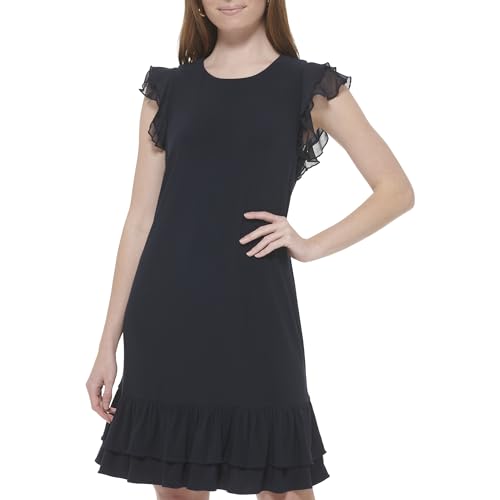 Image of Tommy Hilfiger Women's Sleeveless Crew Neck Double Ruffle Hem Jersey Shift Mini Dress