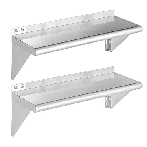 ROCKPOINT Stainless Steel Shelf 12 x 30 Inches 280lb, 2 Pack NSF Metal Commercial Shelves Wall Mount Floating Shelving with Backsplash for Restaurant, Kitchen, Home and Hotel, Silver