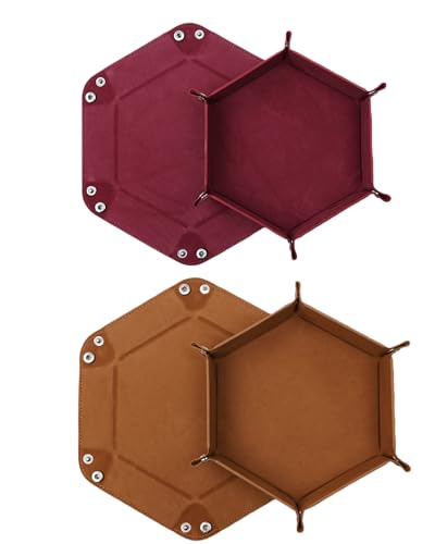 2 Stück Faltbare Würfelbretter Doppelseitig Würfelbrett Samt Faltbar Würfeltablett Hexagon Würfelteller Leder Würfelbretter für RPG DND Dragons Würfel Spiele (Weinrot - Braun)