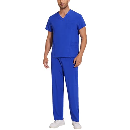 Scrubs for Men Set 2025 Spring Summer Uniform Stretchy V-Neck Scrub Top & Cargo Pant with Multi Pockets