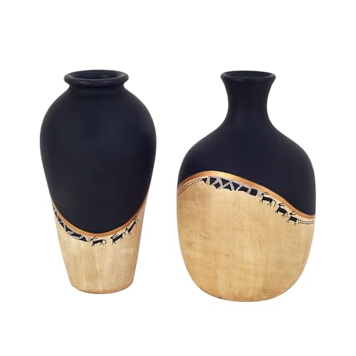 Image of Aakriti Art Creations Midnight's Secret Small Vase Set of 2 | Terracotta Modern Art Flower Vases | Matte Finish Decorative Vases for Living Room, Table Decor & Gifting
