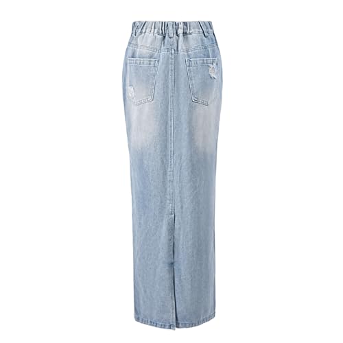 Denim Skirt with Slit Women Summer Casual Rip Elastic High Waisted Jean Skirt with Pockets Rave Wear2