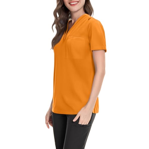 Image of FONMA Scrub Tops Women Plus Size Stretchy V-Neck Scrub Shirts with 4 Pockets Breathable Short Sleeve Nurse Uniforms