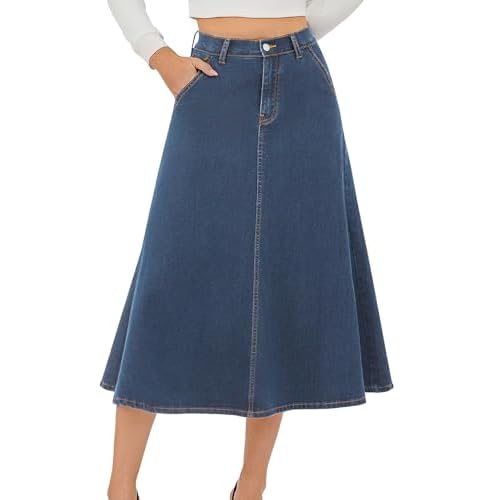 HUSKARY Women's Stretchy High Wasited A Line Long Maxi Jean Skirt Below Knee Length Flared Midi Denim Skirts with Pockets Small Light Blue