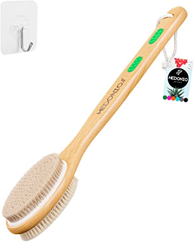 Hedonio Back Scrubber for Shower, Brush Long Handle, Exfoliating Skin, Double-Sided, Body Scrub Brush, Dry Brush and Wet in Bath, Massage, Natural Stiff Bristle, Soft Wood