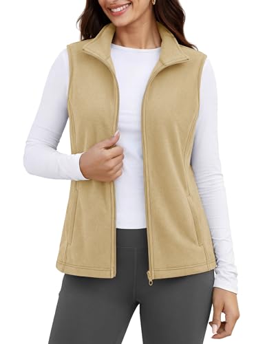MAGCOMSEN Ladies Vests Sleeveless Lightweight Fleece Lined Full Zip Vest for Women Outerwear Light Khaki S