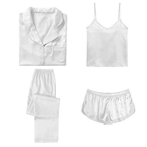 Image of SWOMOG Womens Silk Satin Pajamas Sets 4pcs Sleepwear Sexy Cami Shorts Set and Button Down Short Sleeve Pjs Loungewear