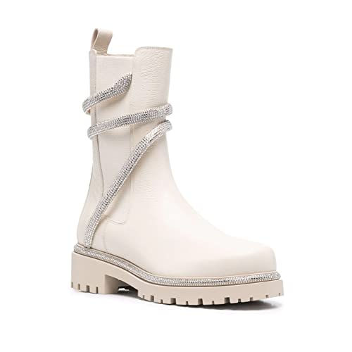 keleimusi Women's Crystal Embellished Ankle Wrap Chelsea Combat Booties with Flat Lugs2